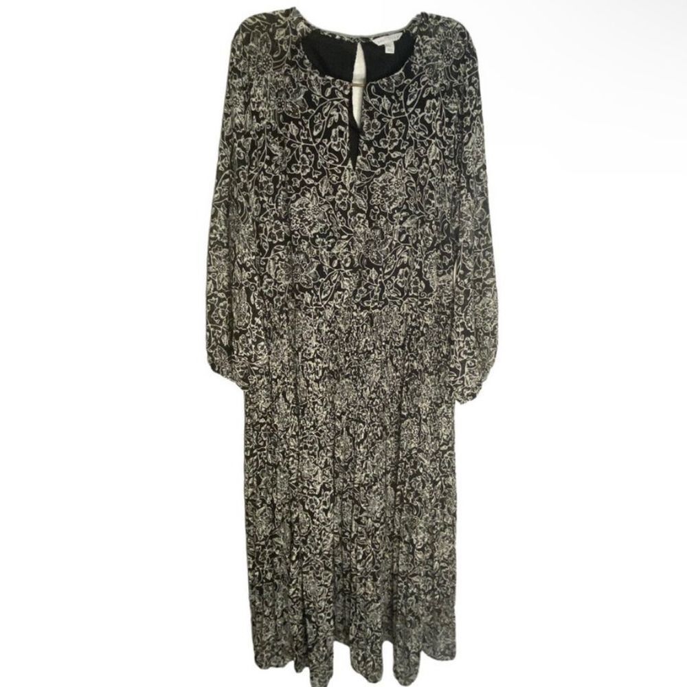 Boutique Round Neck Pleated pullover long sleeve maxi floral dress plus 3X